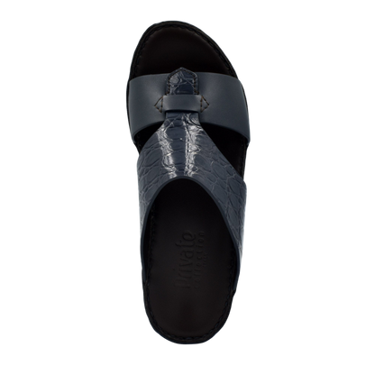Private Collection luxury croco leather sandals in black with textured croco pattern and cushioned footbed