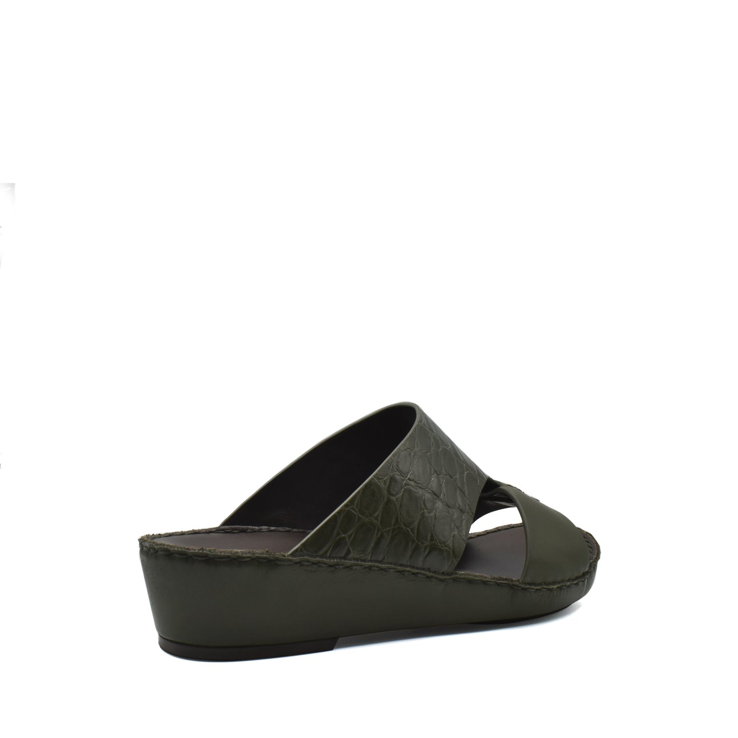 Private Collection luxury croco leather sandals in olive green with wedge heel and cross straps