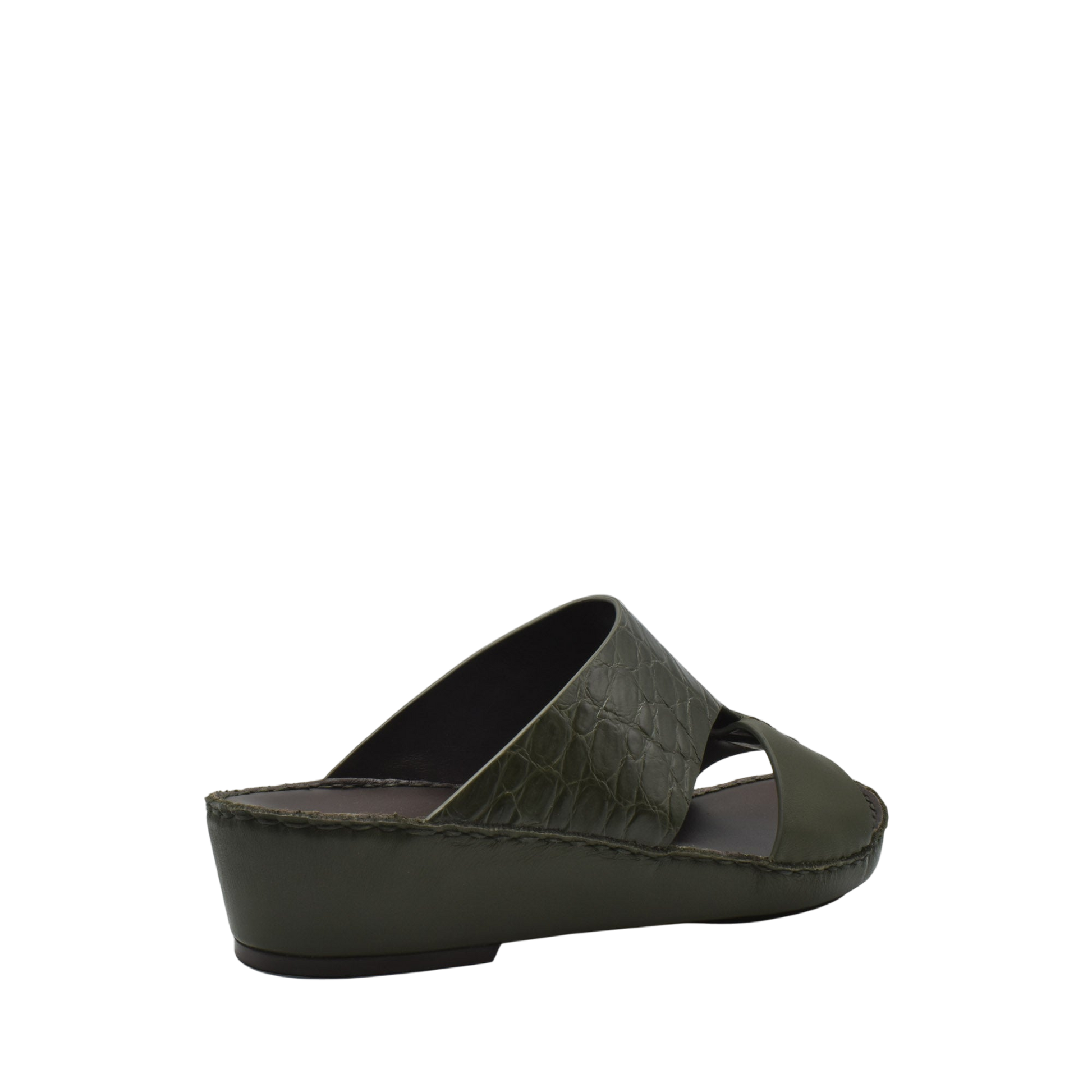 Private Collection luxury croco leather sandals in olive green with wedge heel and cross straps