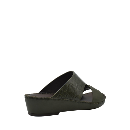 Private Collection luxury croco leather sandals in olive green with wedge heel and cross straps