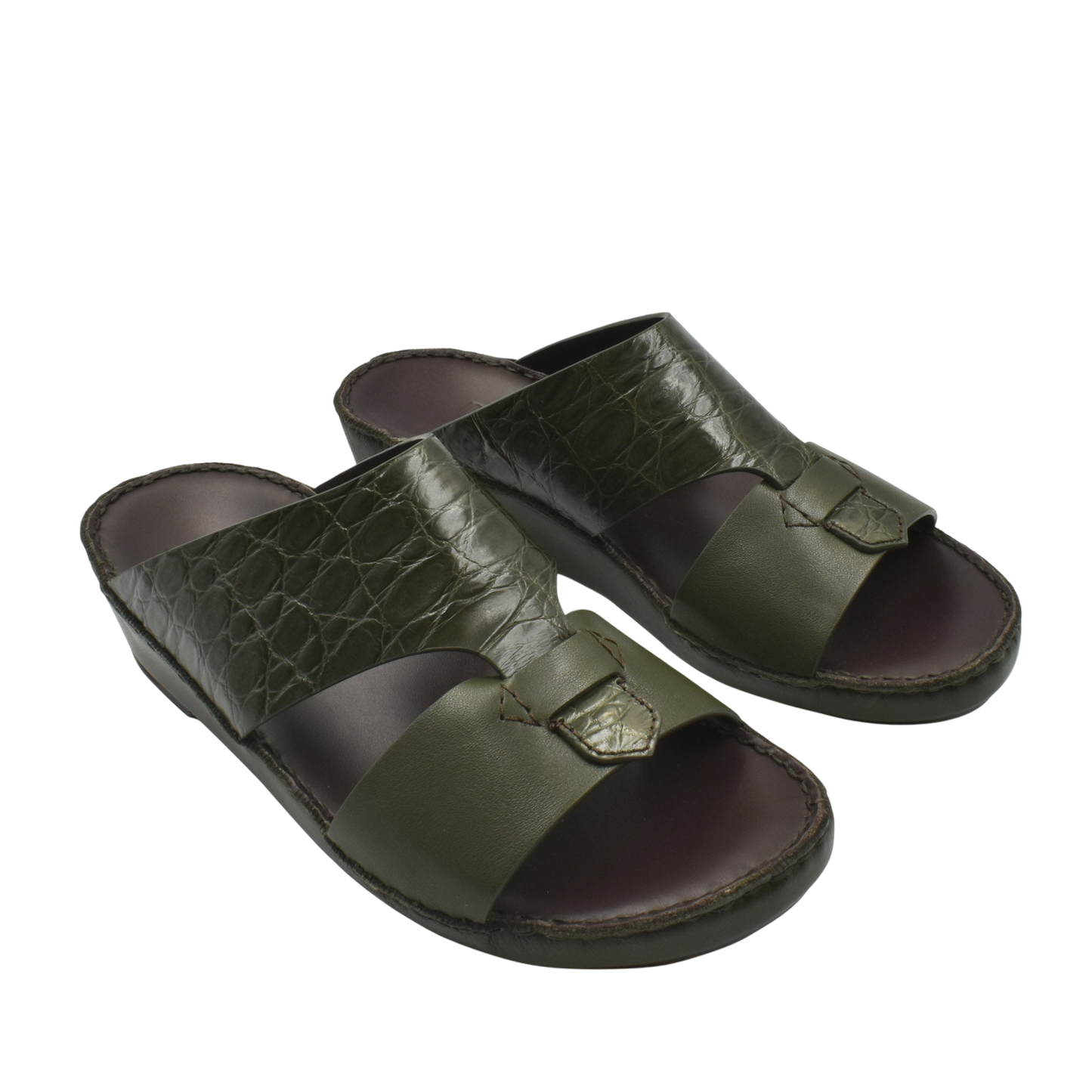 Private Collection luxury croco leather sandals in dark green with open toe and comfortable sole