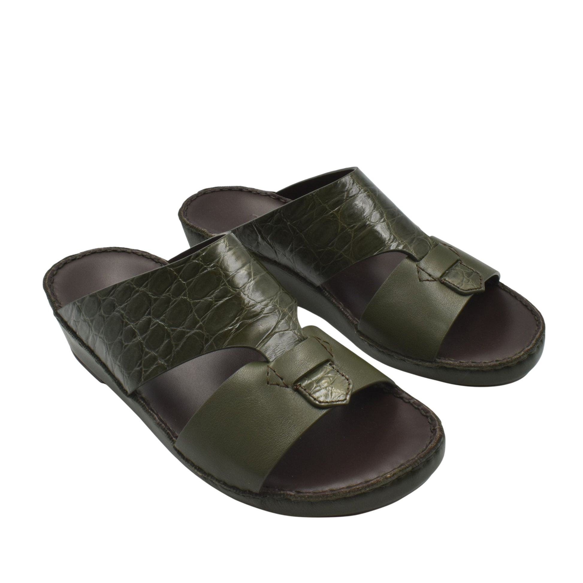 Private Collection luxury croco leather sandals in dark green with open toe and comfortable sole