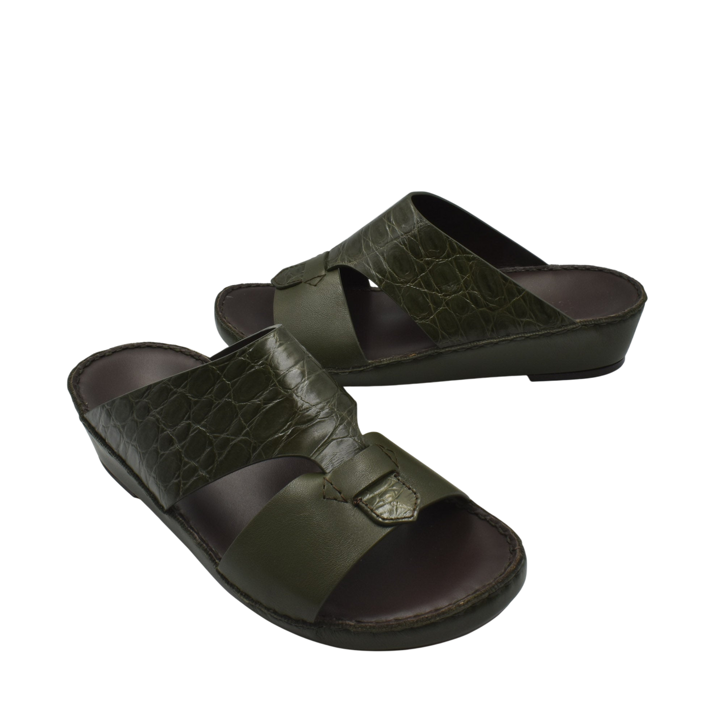 Private Collection luxury croco leather sandals in dark green with open toe and slip-on design