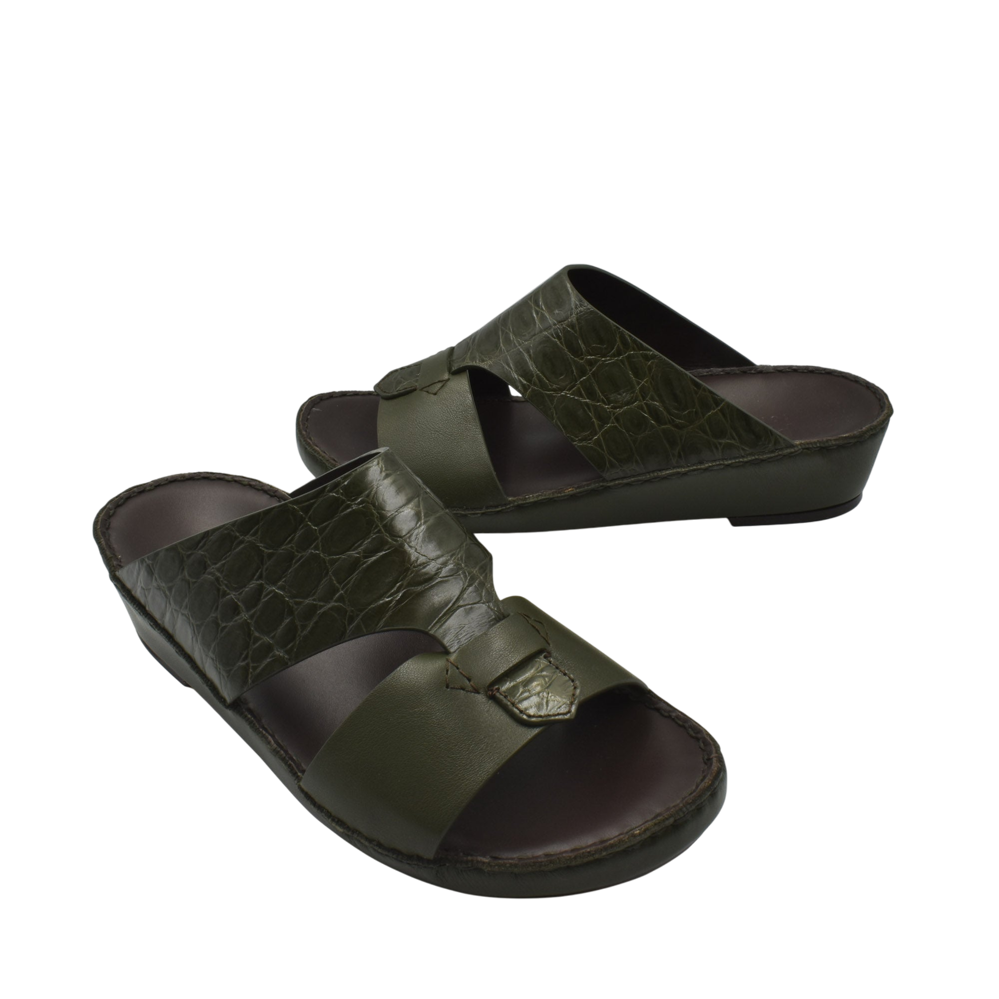 Private Collection luxury croco leather sandals in dark green with open toe and slip-on design