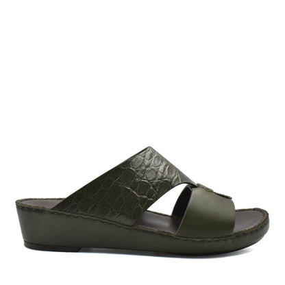 Private Collection luxury croco leather sandals in olive green with open toe and wedge sole