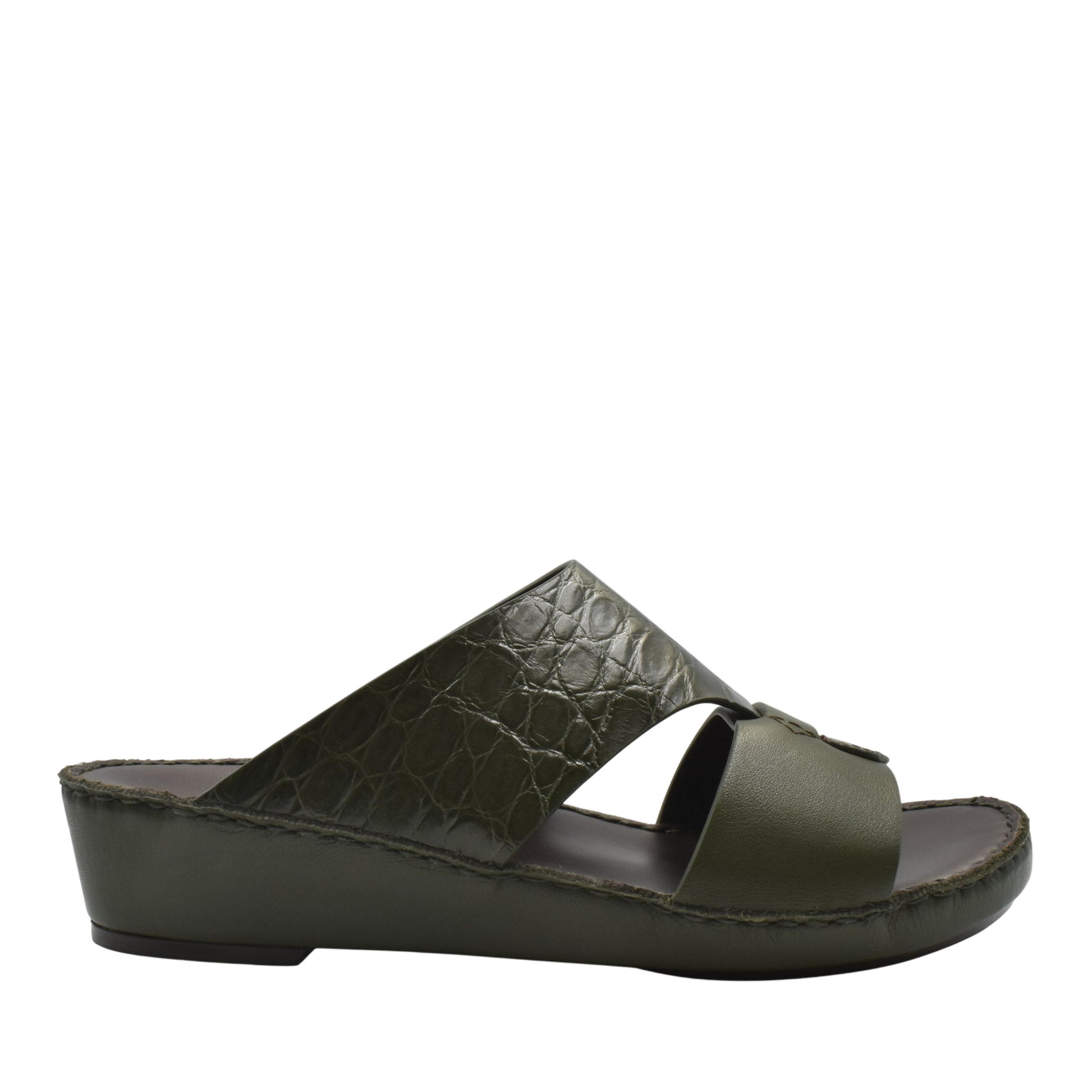 Private Collection luxury croco leather sandals in olive green with open toe and wedge sole