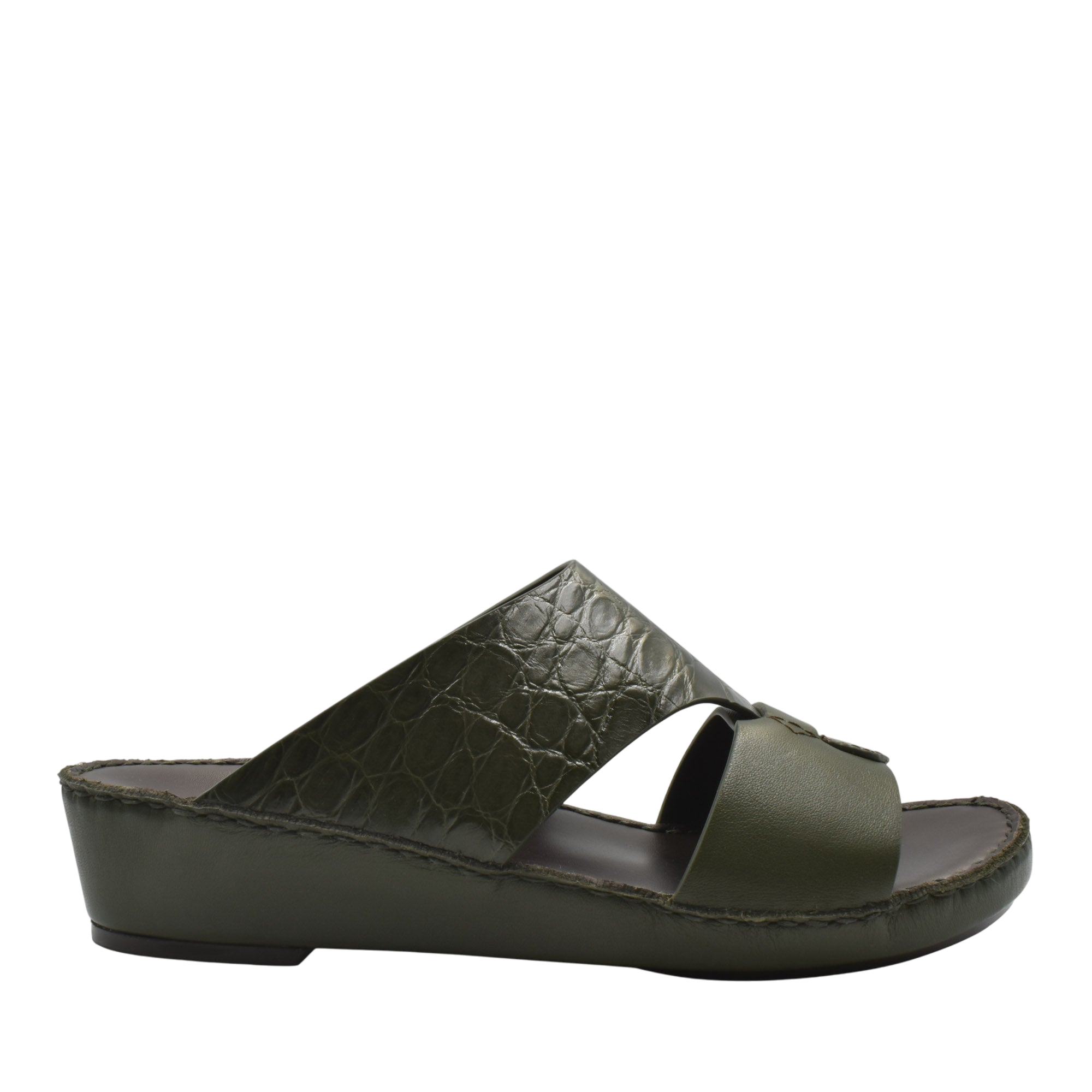 Private Collection luxury croco leather sandals in olive green with open toe and wedge sole