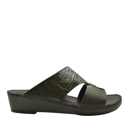 Private Collection luxury croco leather sandals in olive green with open toe and wedge sole