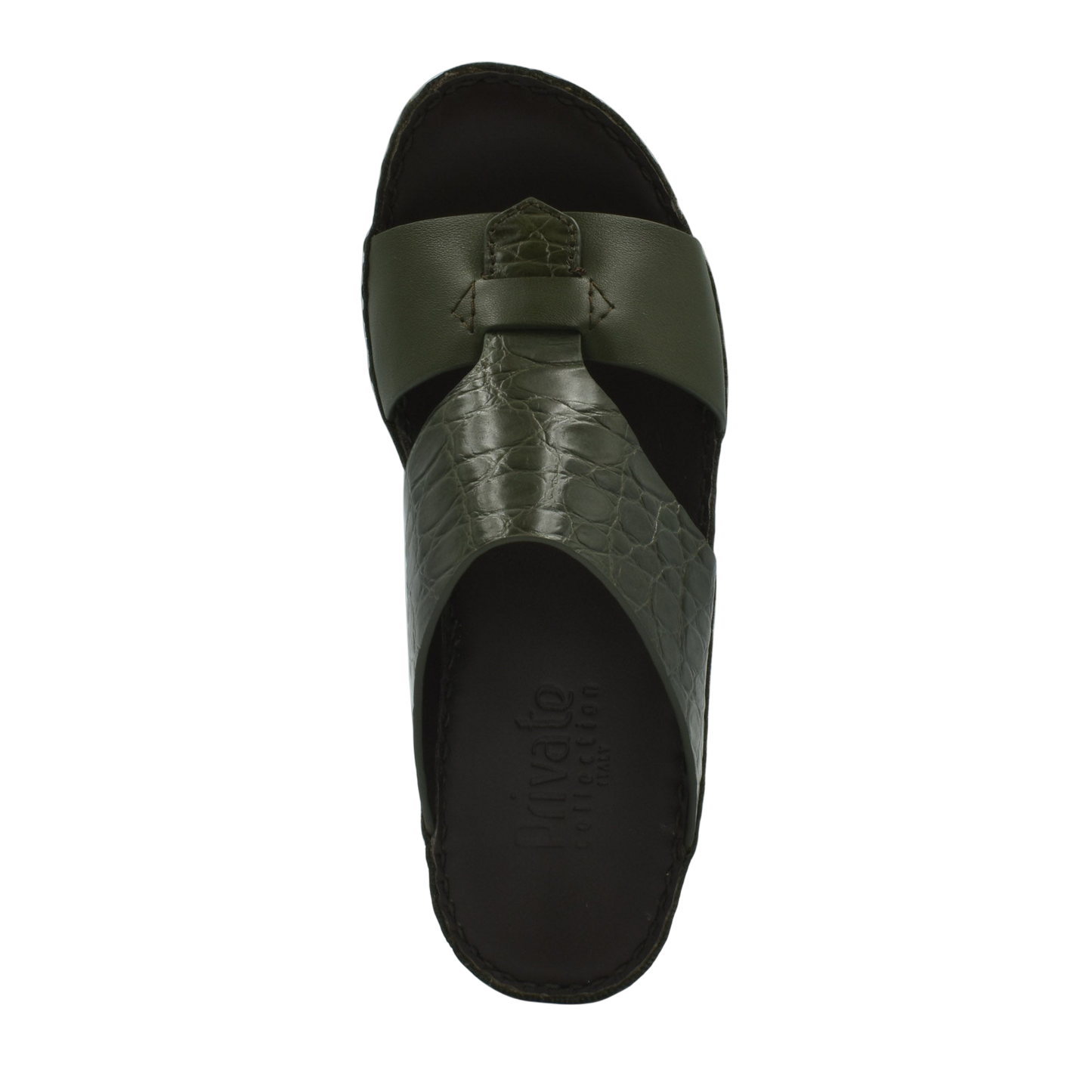 Private Collection luxury croco leather sandals in dark green with textured strap detail