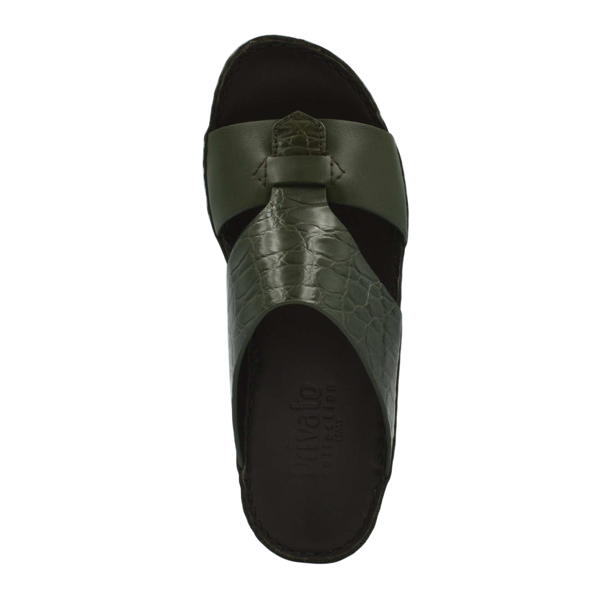 Private Collection luxury croco leather sandals in dark green with textured strap detail