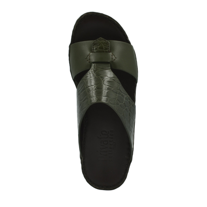Private Collection luxury croco leather sandals in dark green with textured strap detail