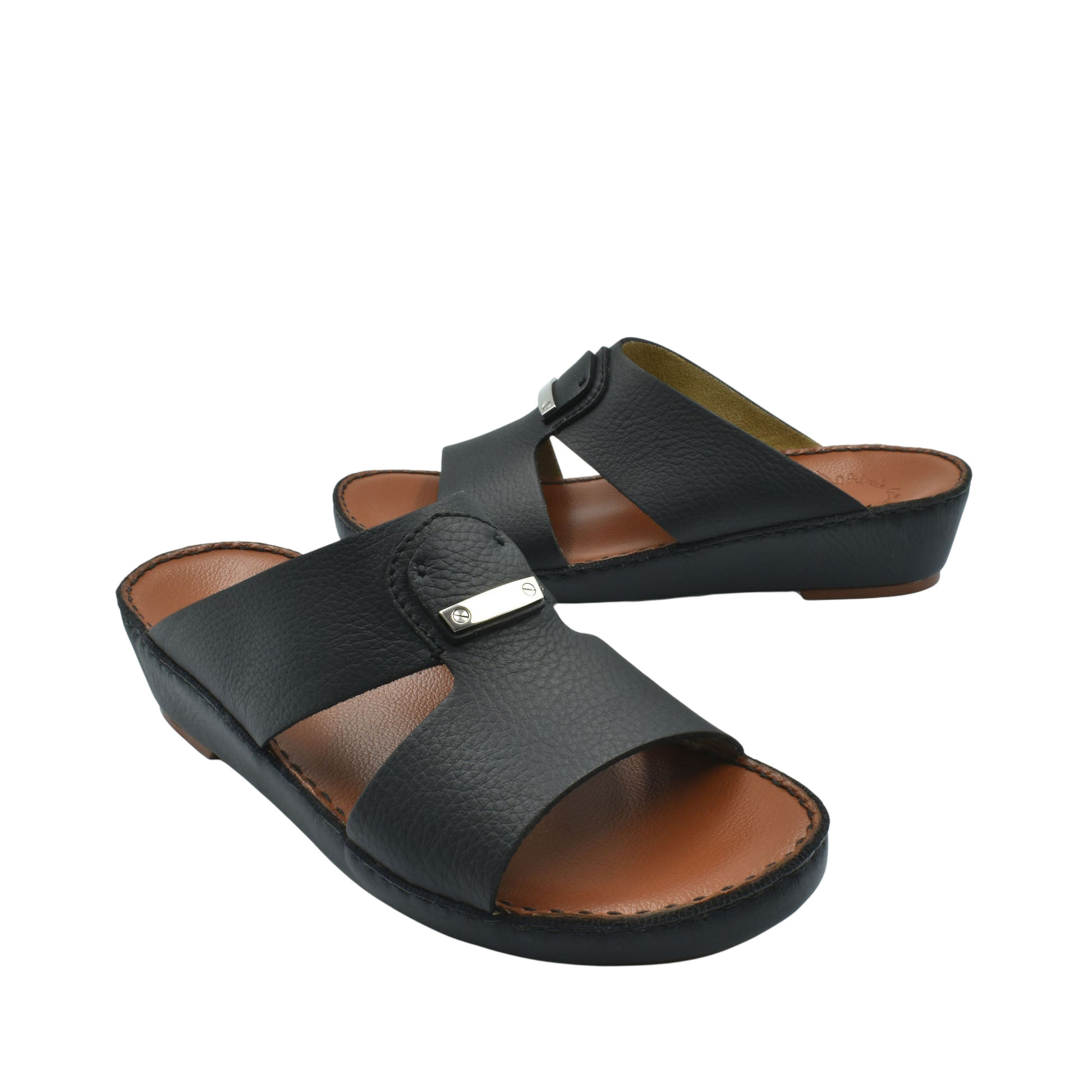 Black luxury deercalf sandals with cushioned brown footbed and adjustable strap from Private Collection