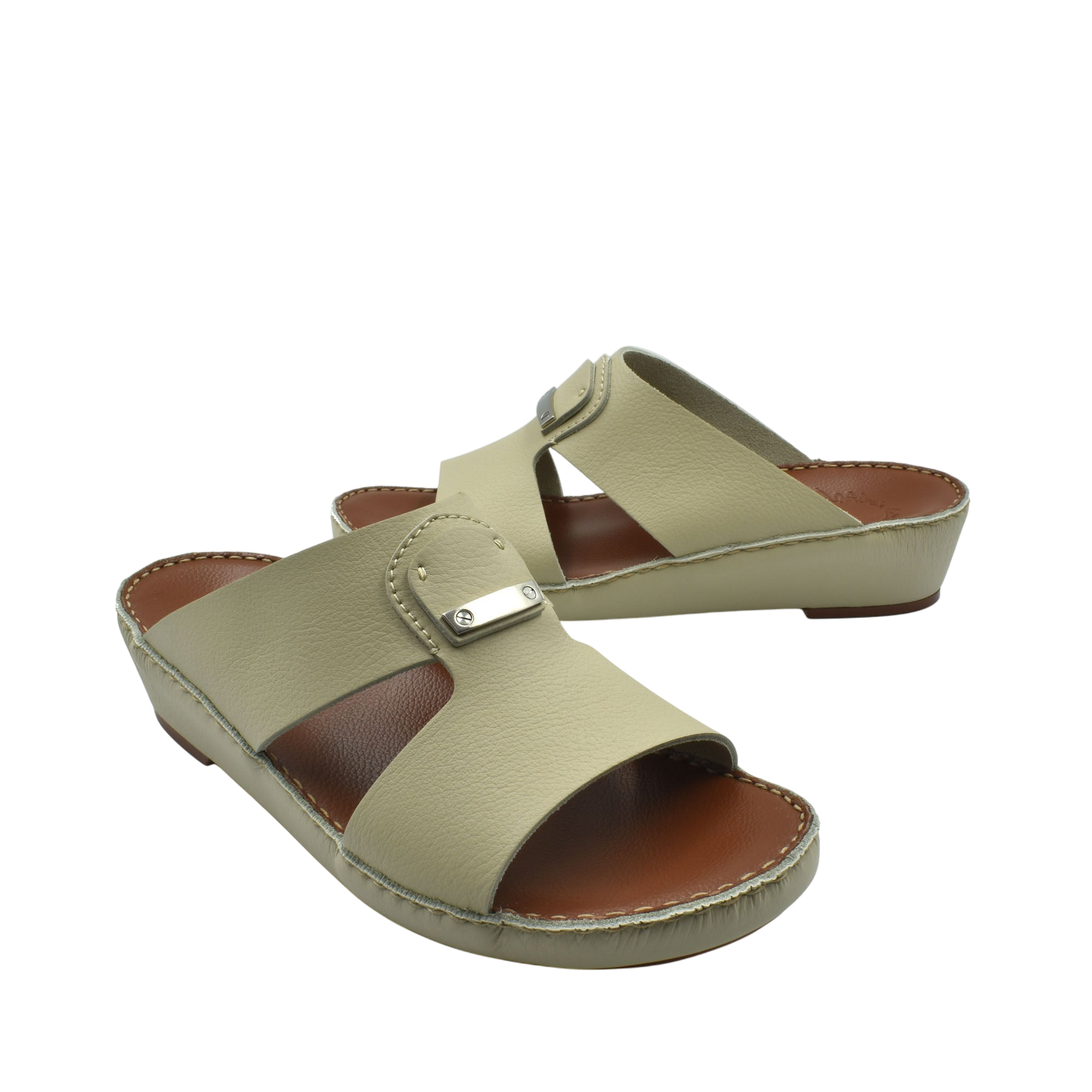 Pair of luxury deercalf sandals in beige with open toe and adjustable strap from Private collection