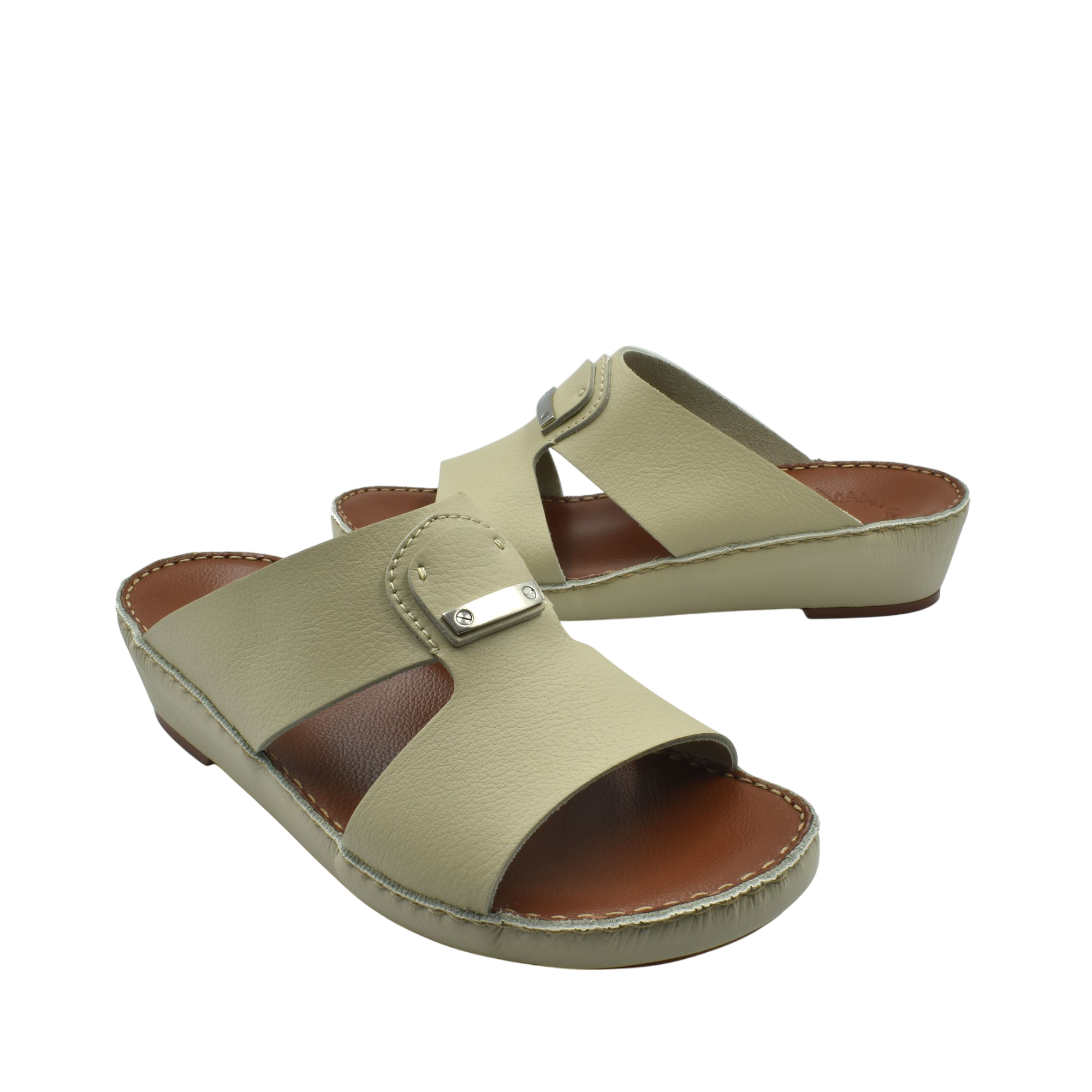 Pair of luxury deercalf sandals in beige with open toe and adjustable strap from Private collection