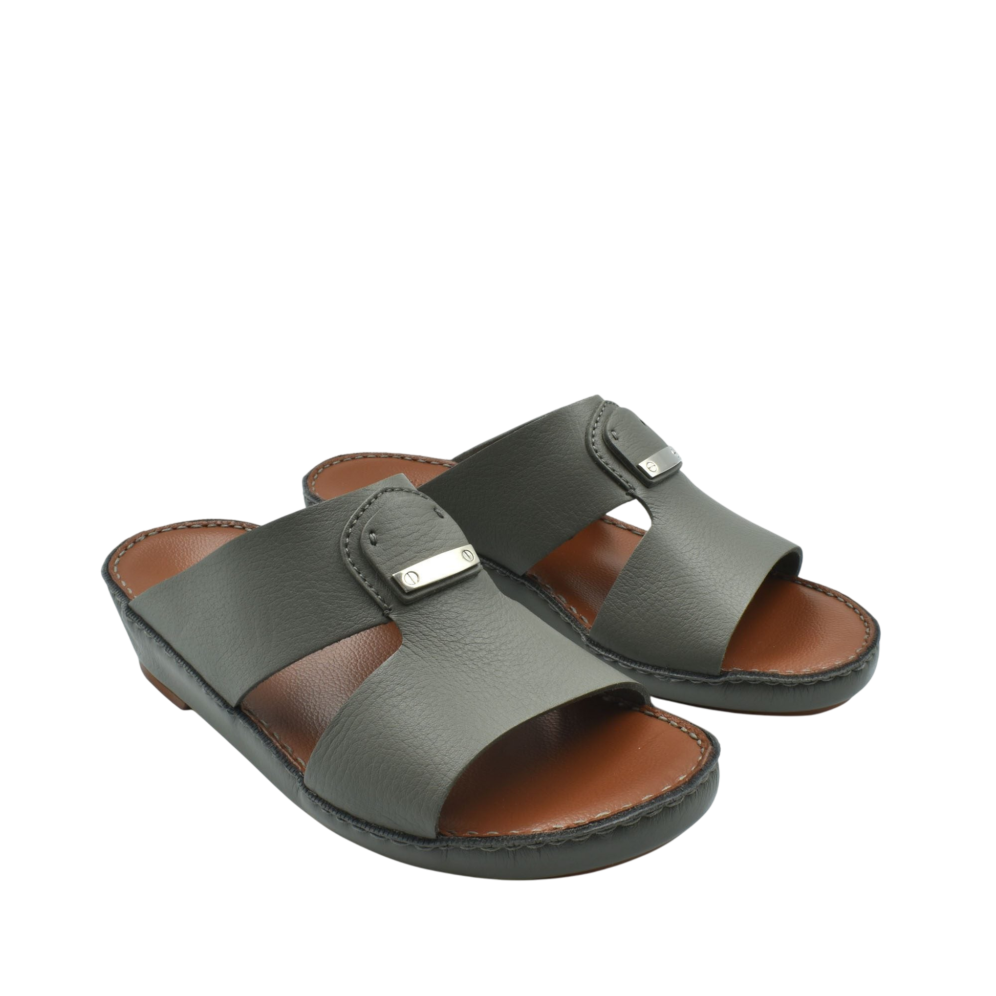 Luxury deercalf sandals in gray with open toe and brown cushioned insole for comfortable wear