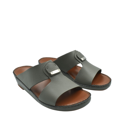 Luxury deercalf sandals in gray with open toe and brown cushioned insole for comfortable wear