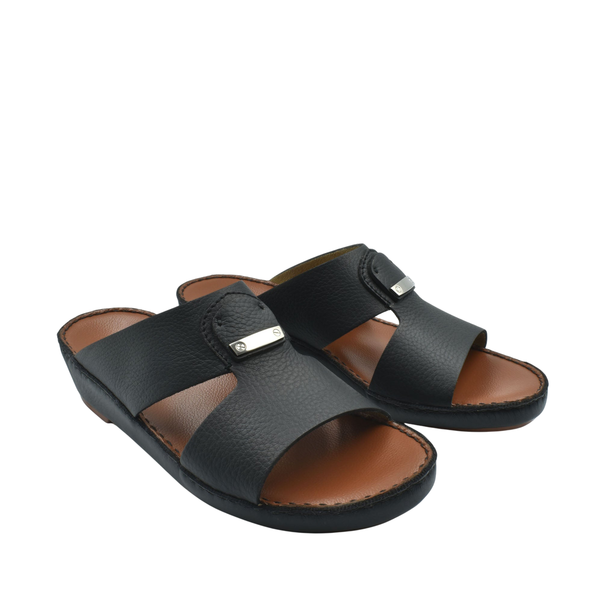 Black luxury deercalf sandals with cushioned brown insoles and adjustable strap from private collection