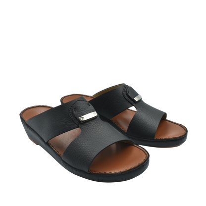 Black luxury deercalf sandals with cushioned brown insoles and adjustable strap from private collection