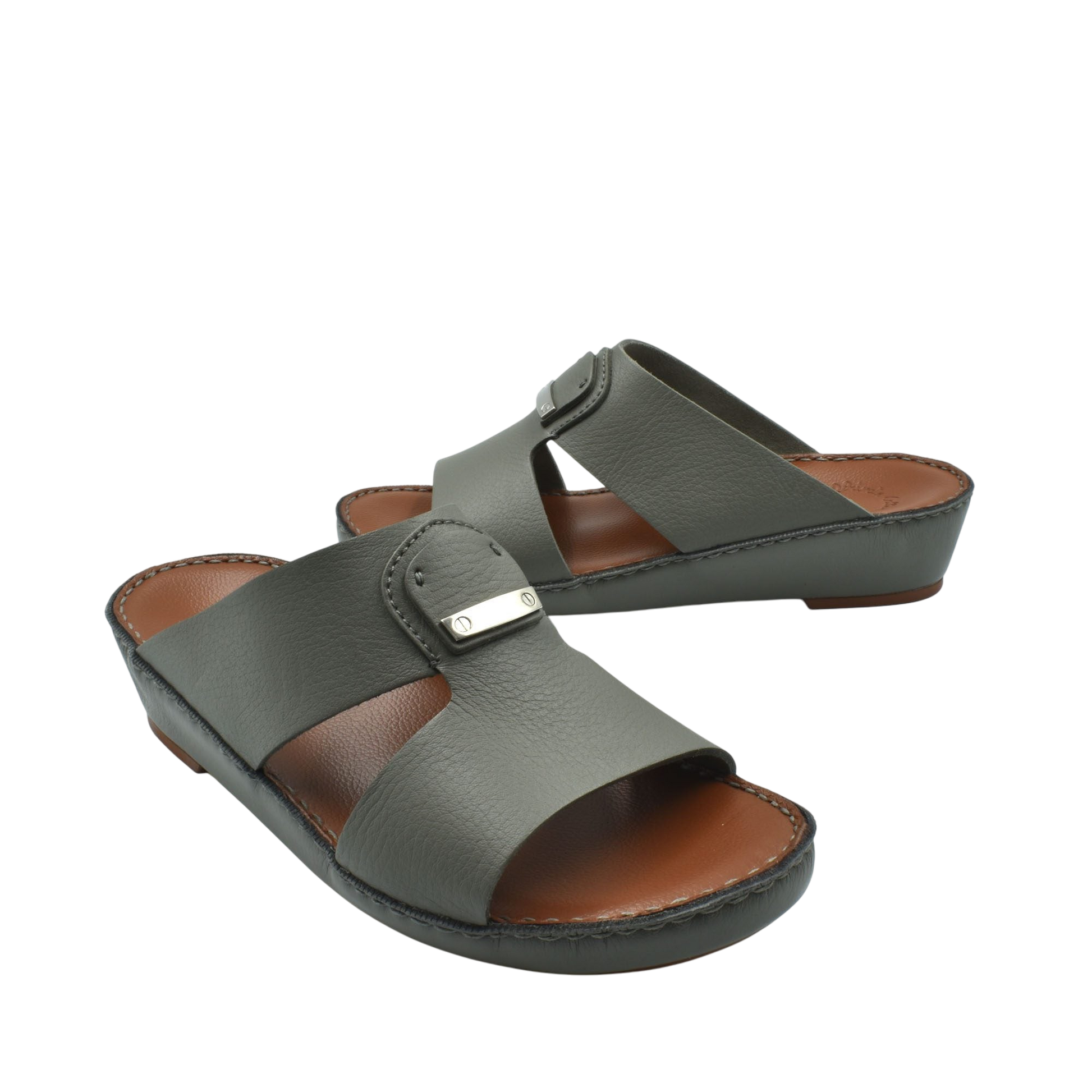 Luxury deercalf sandals in gray with open toe and cushioned brown sole from private collection