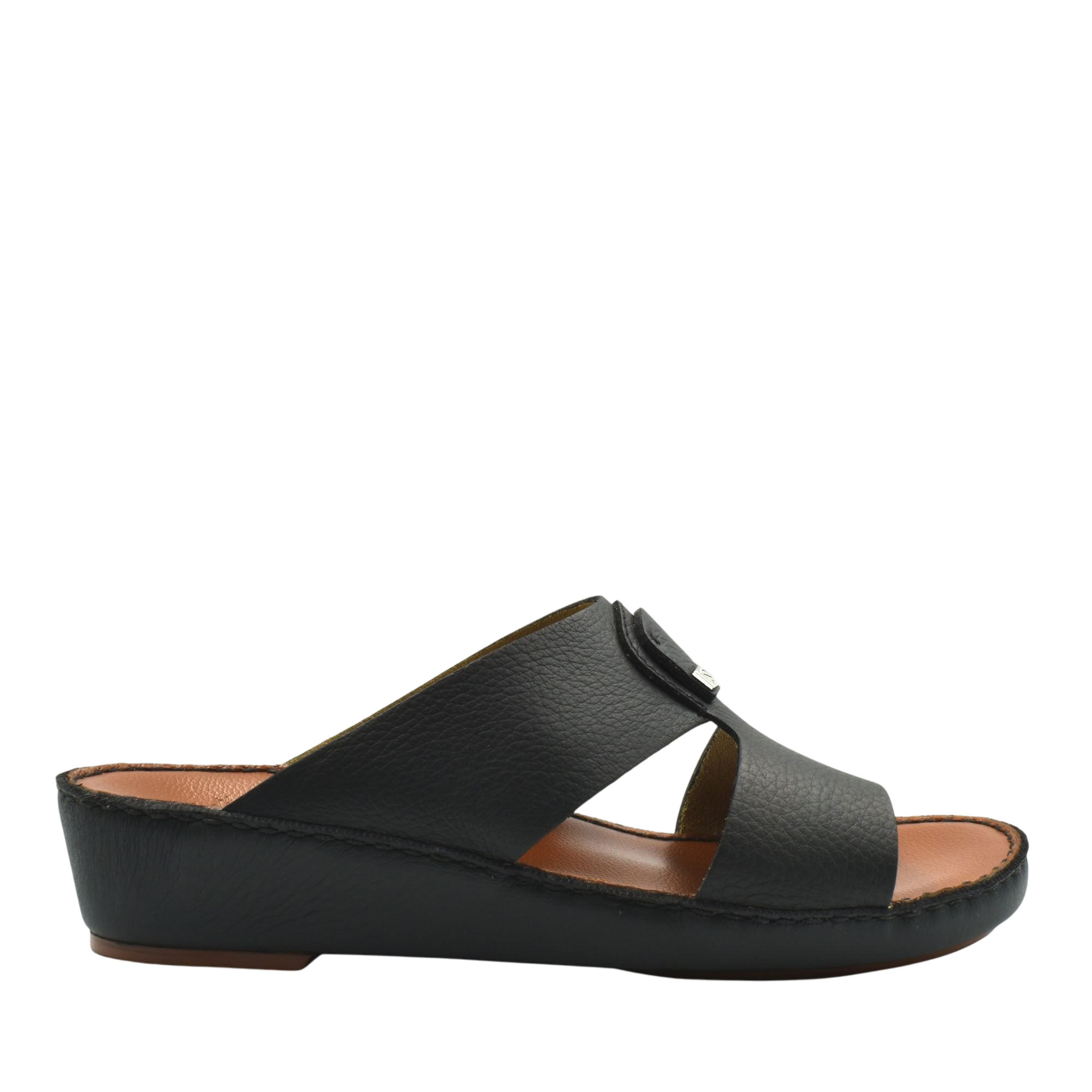 Black luxury deercalf sandals with open toe and low wedge heel from private collection