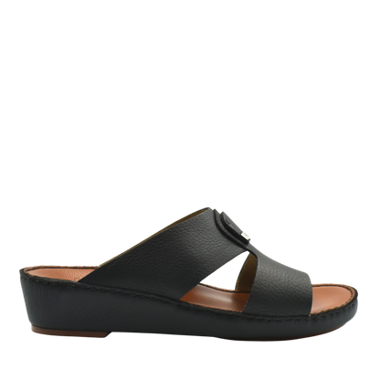 Black luxury deercalf sandals with open toe and low wedge heel from private collection