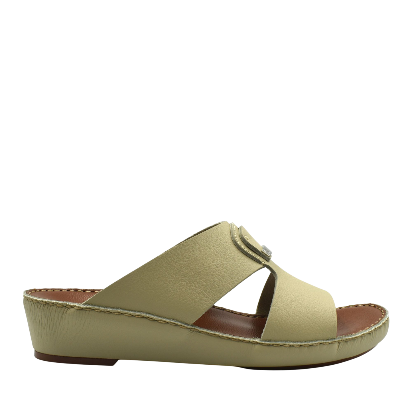Side view of beige luxury deercalf sandals with wedge sole and open toe design