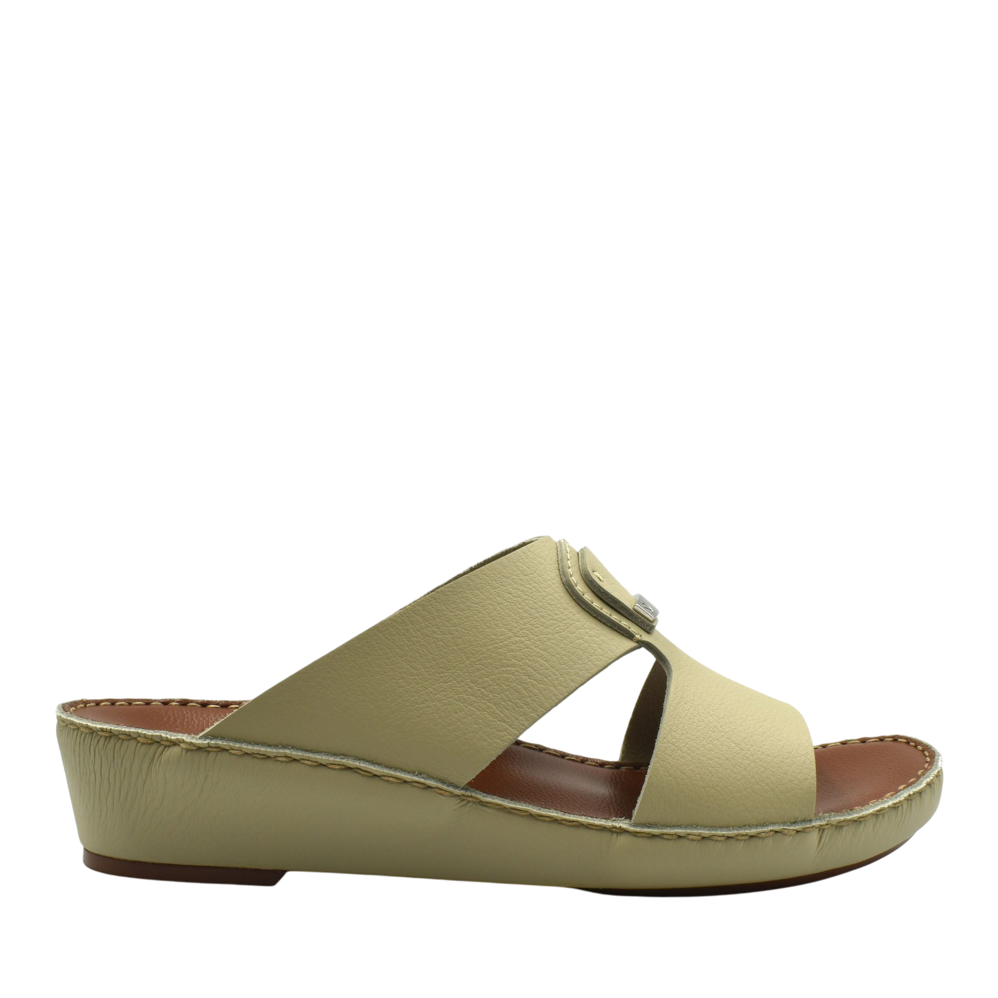 Side view of beige luxury deercalf sandals with wedge sole and open toe design