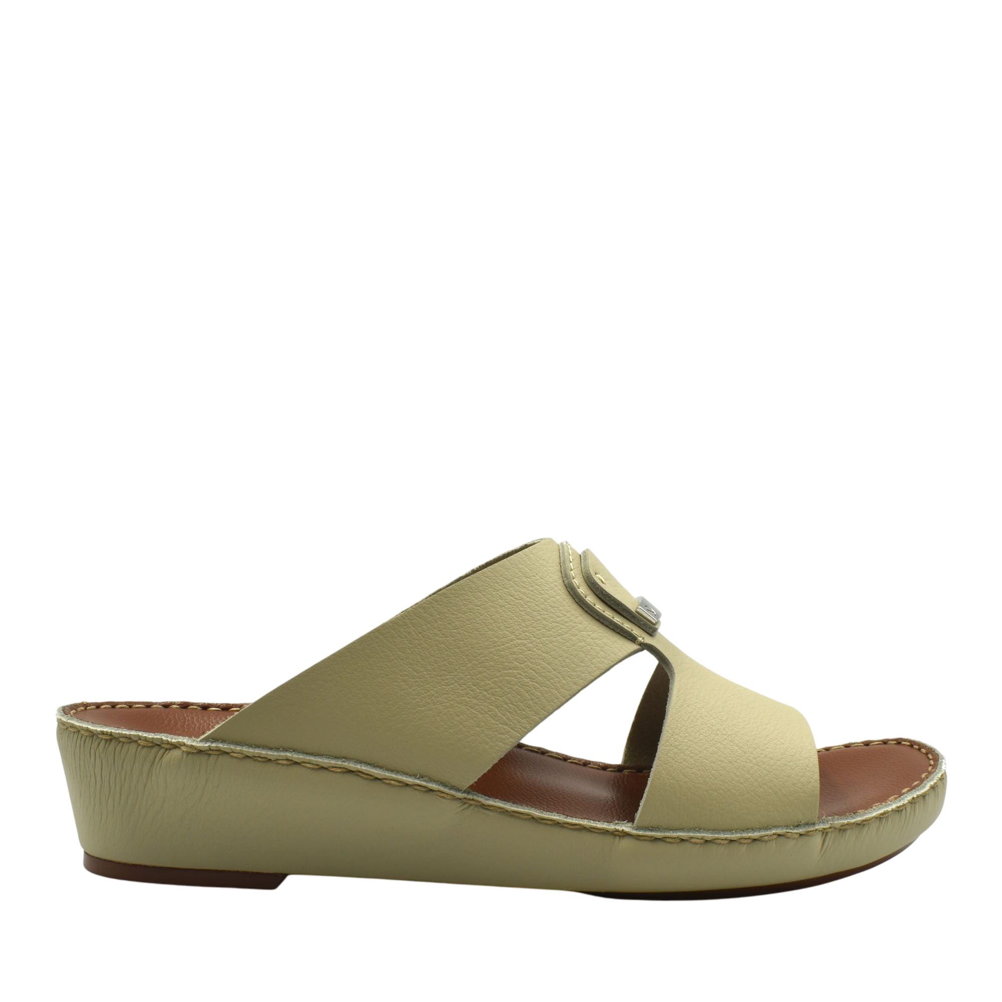 Side view of beige luxury deercalf sandals with wedge sole and open toe design