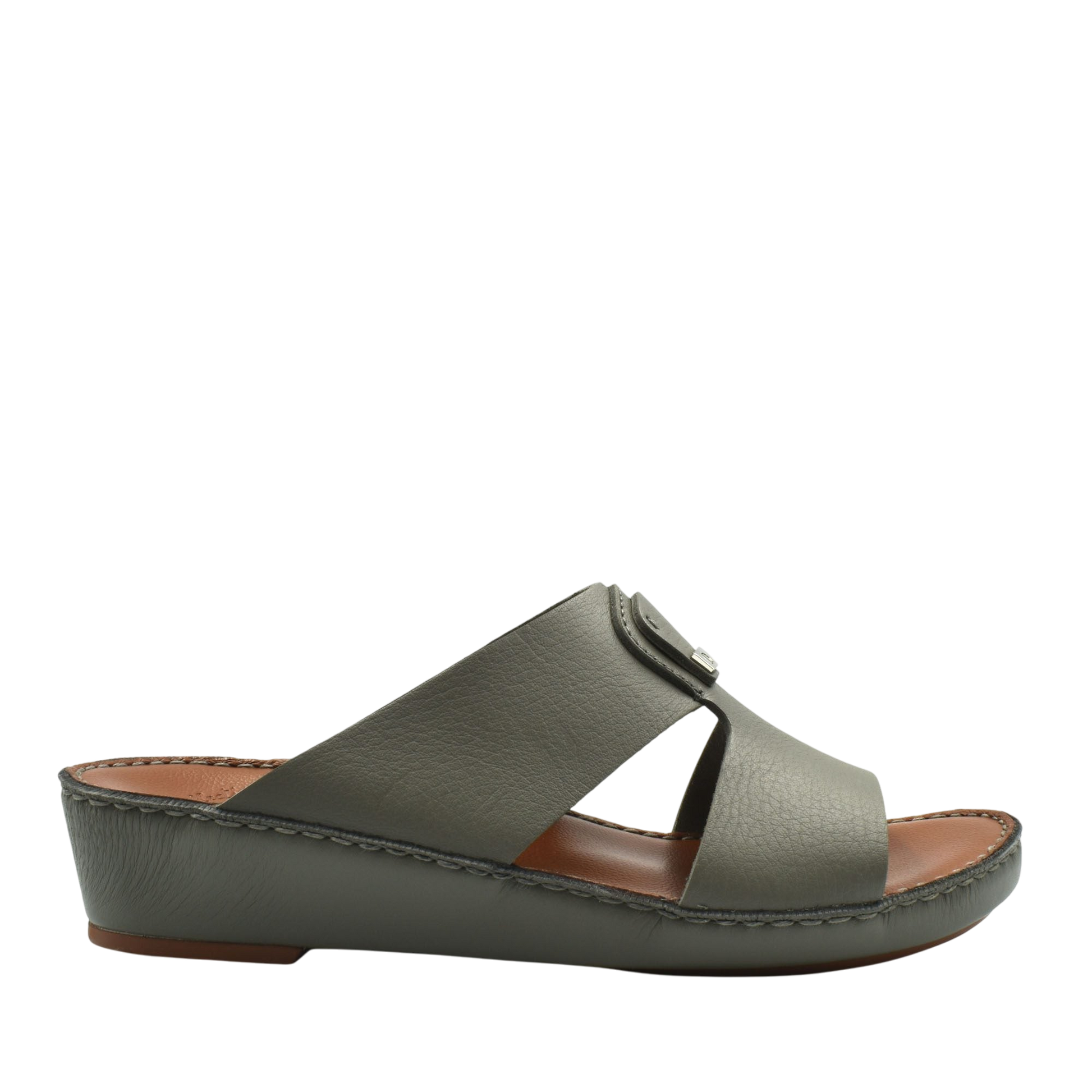Side view of luxury deercalf sandals in muted green with cushioned sole and open toe design