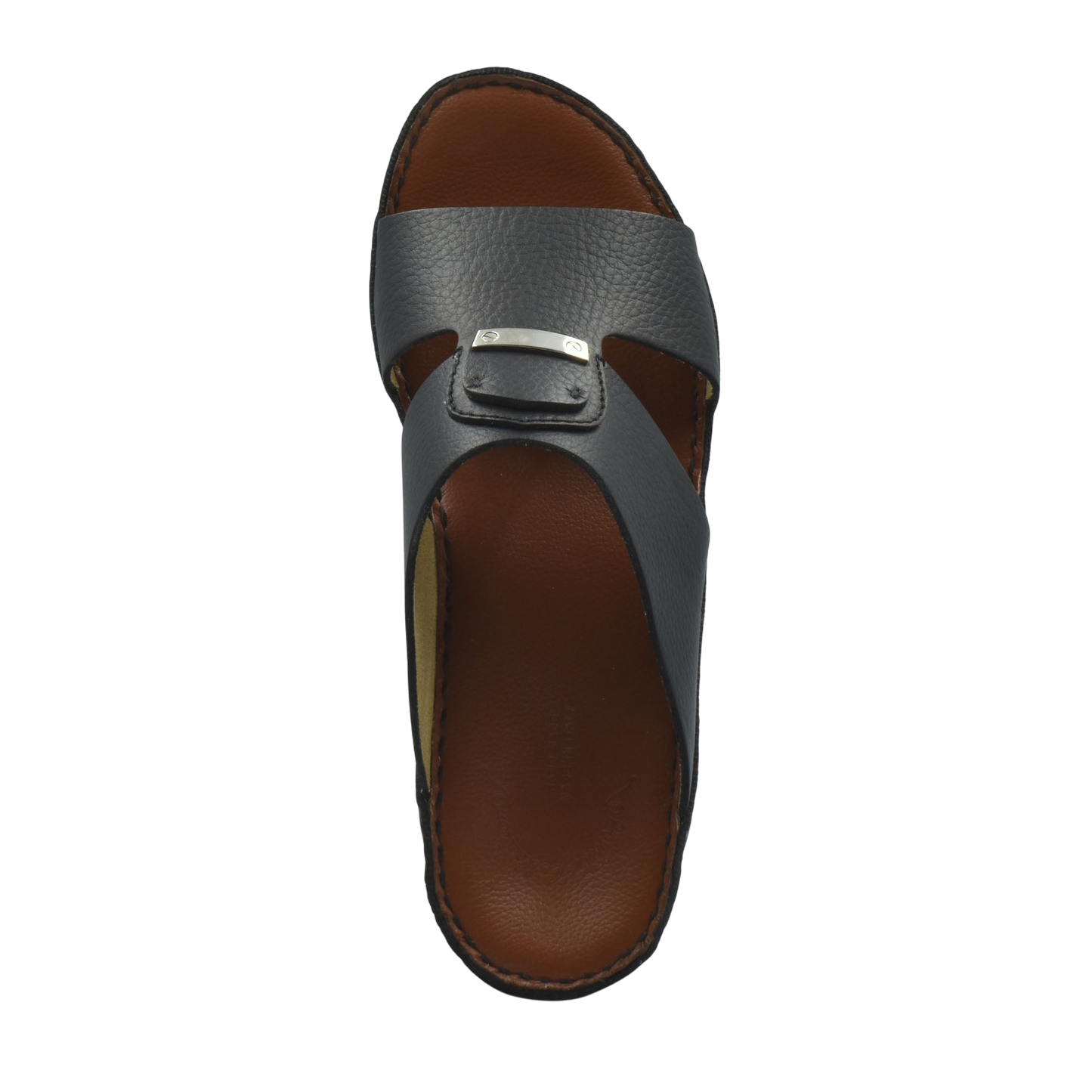 Top view of luxury deercalf sandals in black with brown sole and adjustable strap