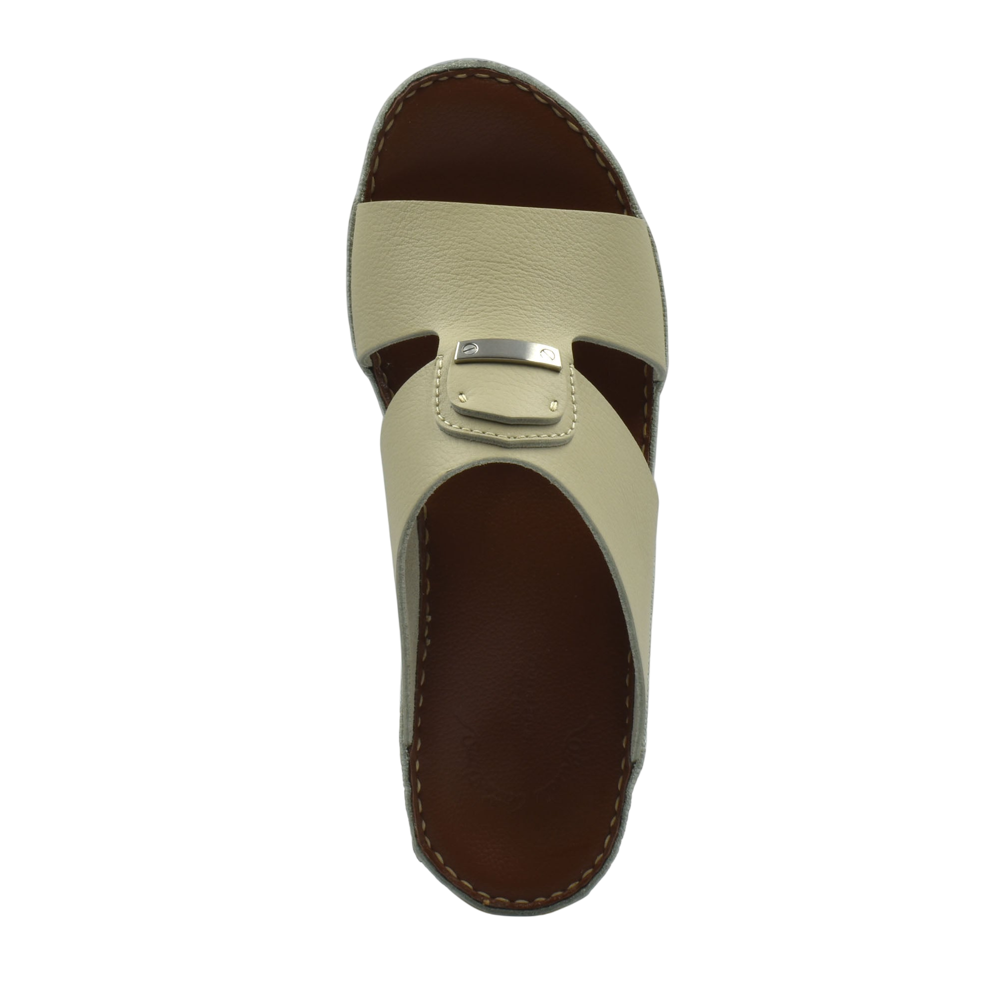 Top view of luxury deercalf sandals with beige leather strap and brown cushioned footbed