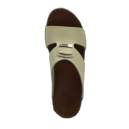 Top view of luxury deercalf sandals with beige leather strap and brown cushioned footbed