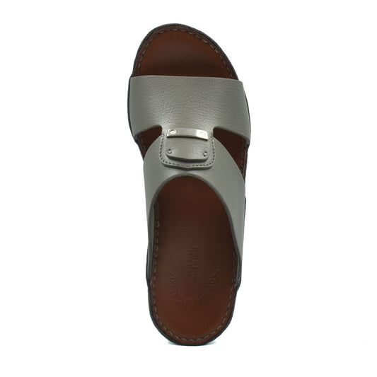 Top view of luxury deercalf sandals with gray leather straps and brown sole by Private Collection