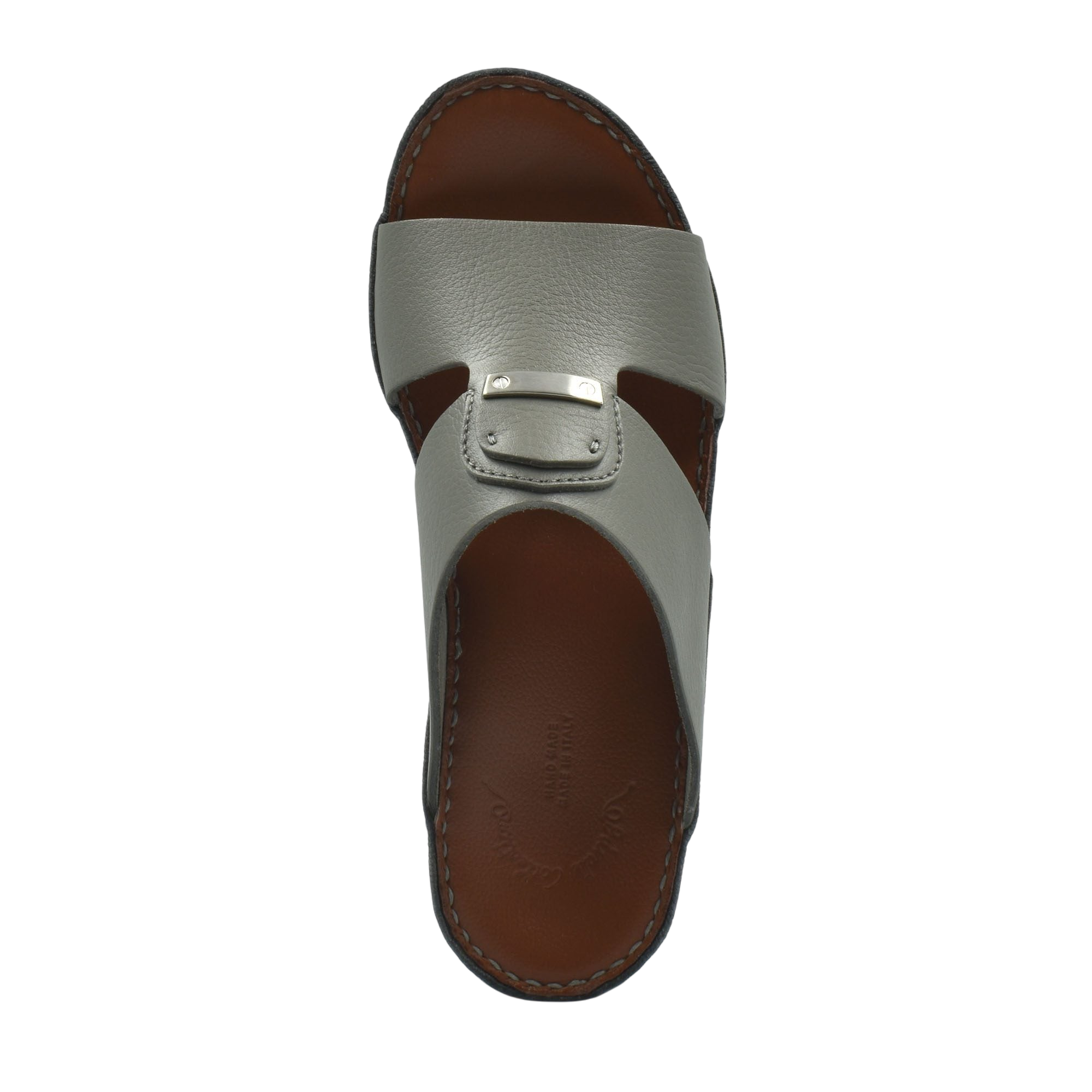 Top view of luxury deercalf sandals with gray leather straps and brown sole by Private Collection