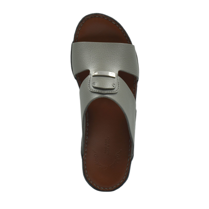 Top view of luxury deercalf sandals with gray leather straps and brown sole by Private Collection