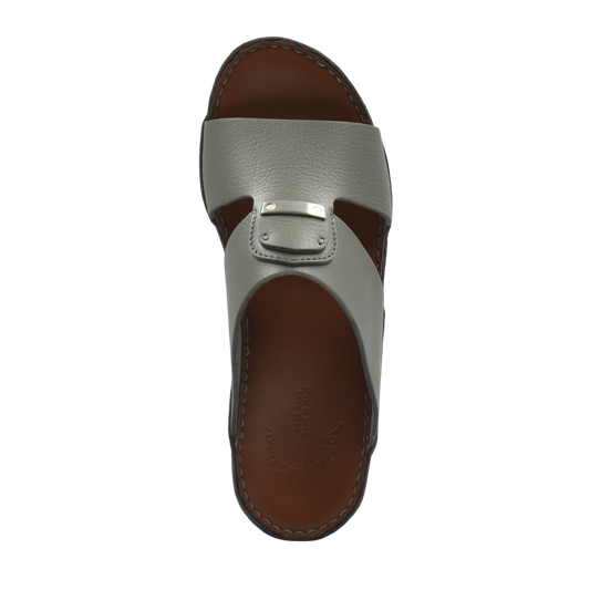 Top view of luxury deercalf sandals with gray leather straps and brown sole by Private Collection