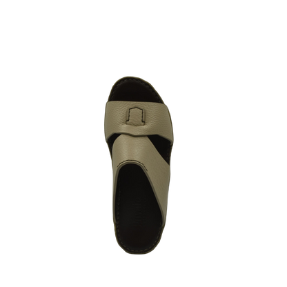 Top view of luxury kids leather sandals in beige and black from private collection