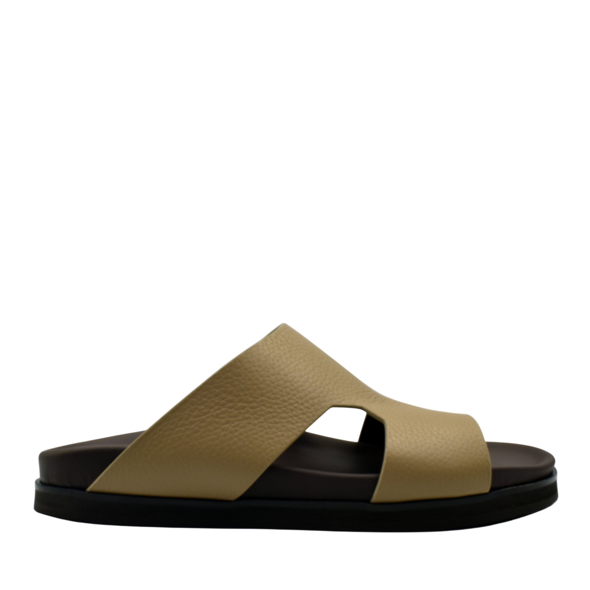 Beige and black luxury leather sandals with wide crisscross straps and textured finish