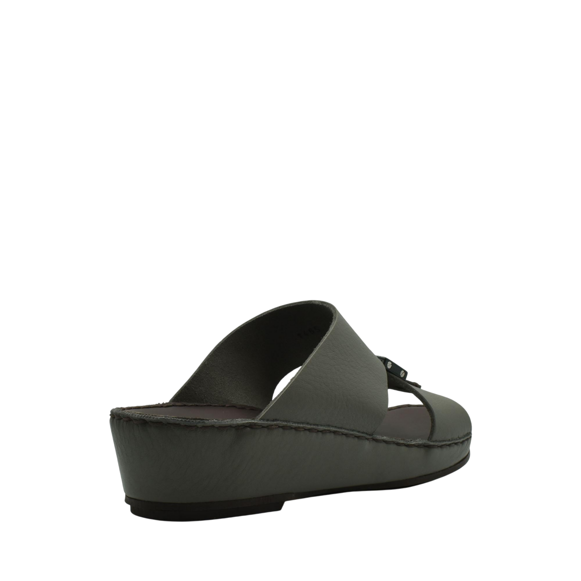Gray platform luxury leather sandals with wide strap and adjustable buckle from private collection