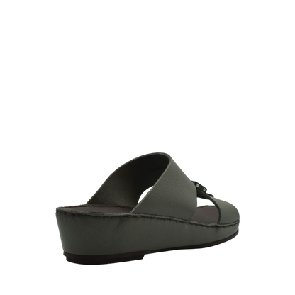 Gray platform luxury leather sandals with wide strap and adjustable buckle from private collection