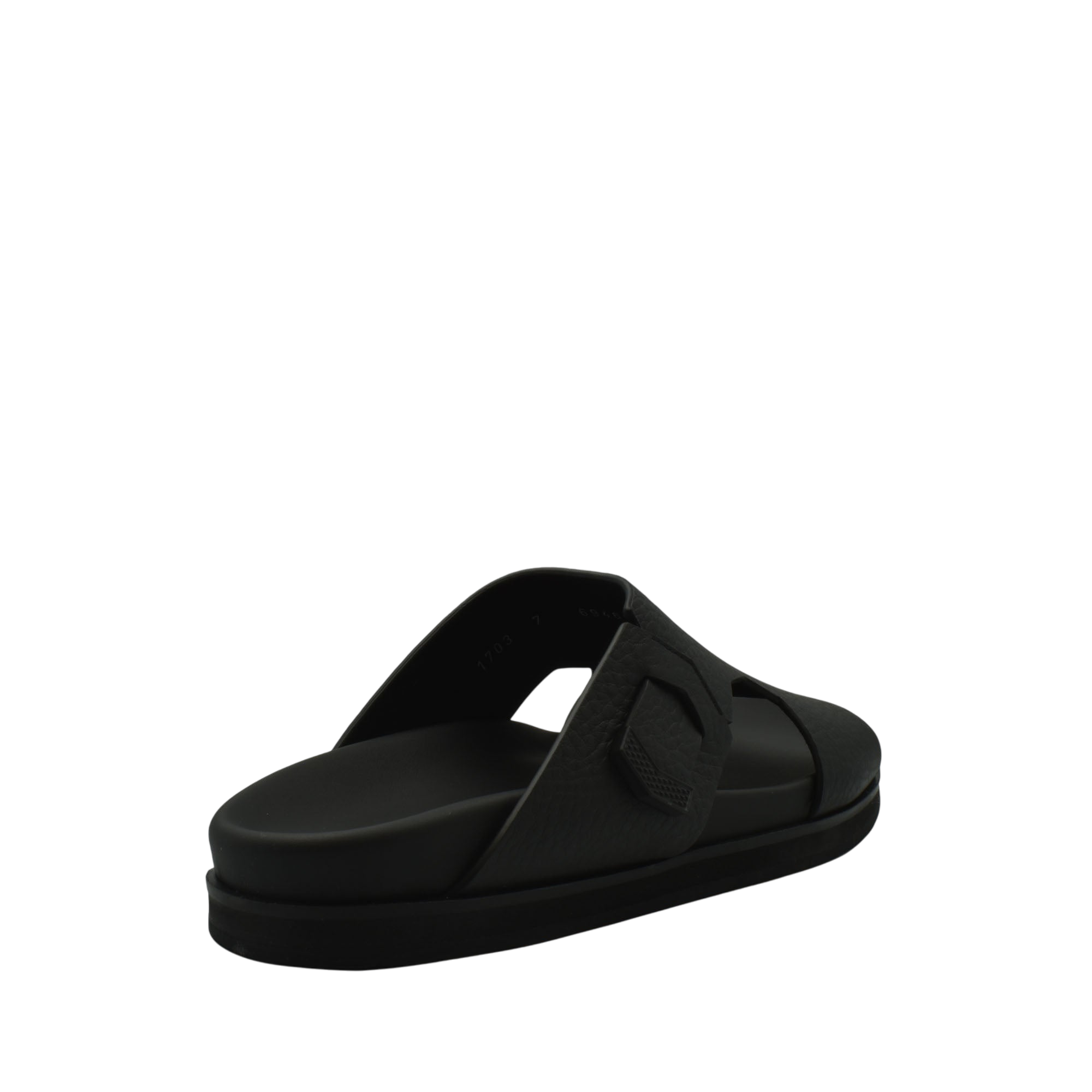Black luxury leather sandals with a cushioned sole and wide strap from private collection