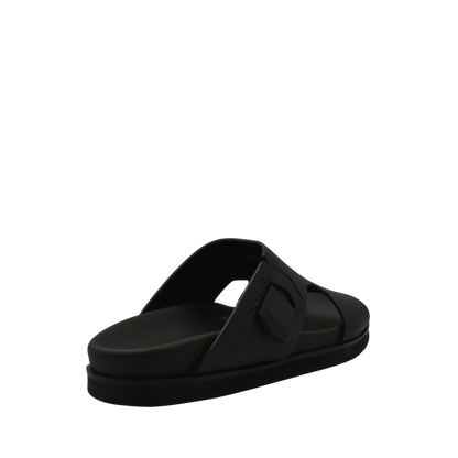 Black luxury leather sandals with a cushioned sole and wide strap from private collection
