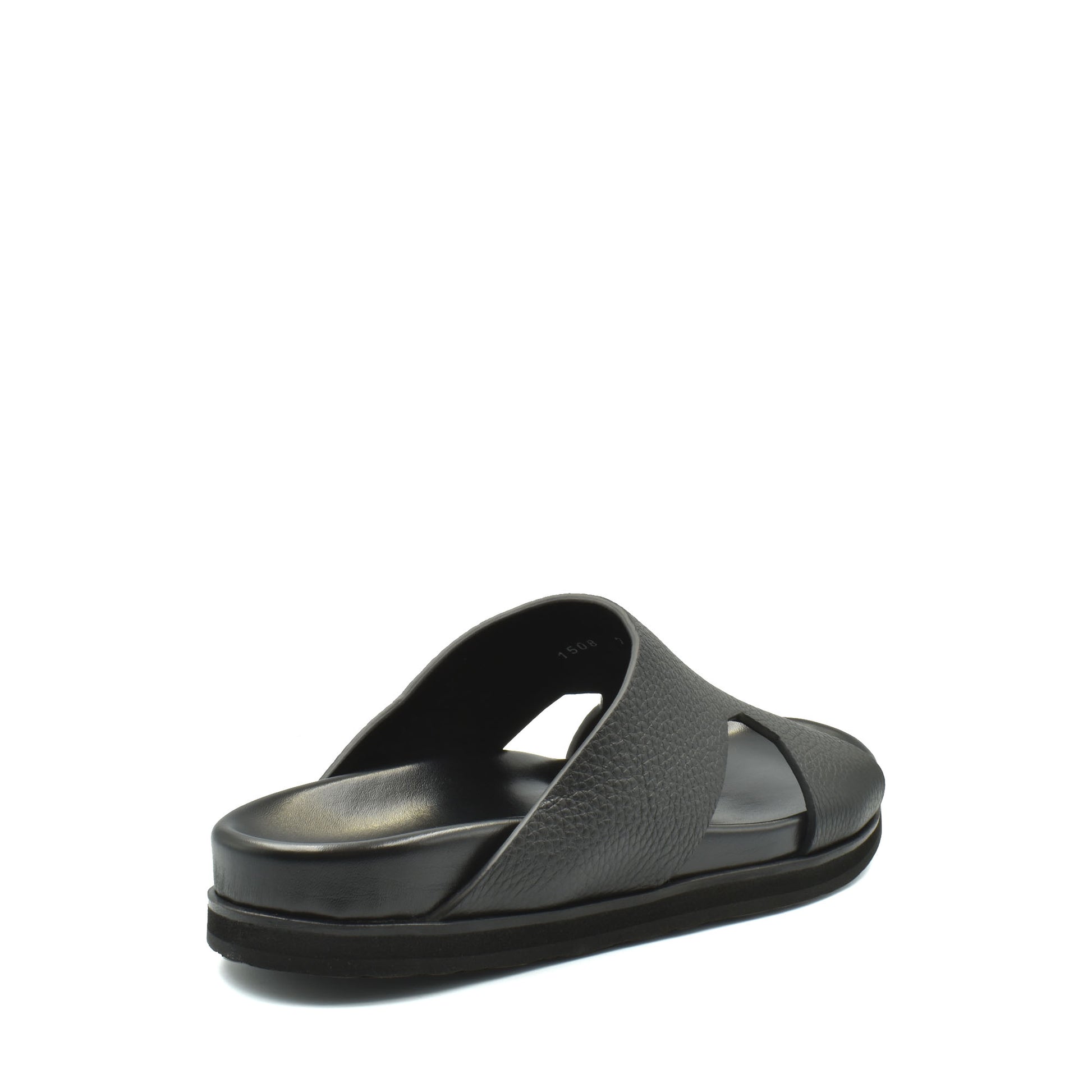 Black luxury leather sandals with textured strap and cushioned footbed from private collection