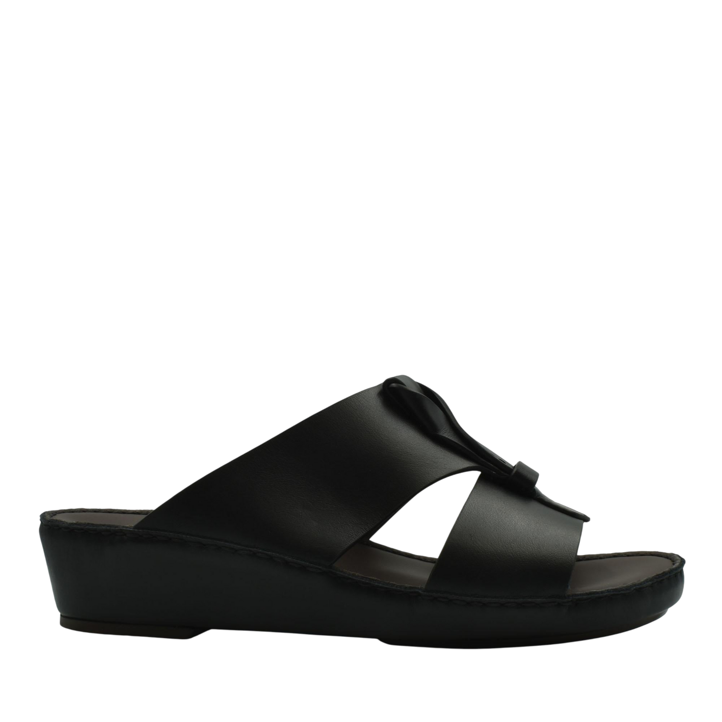 Black luxury leather sandals with a wedge sole and open toe design
