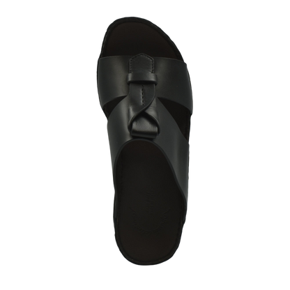 Black luxury leather sandals with wide straps and slip-on design from Private collection