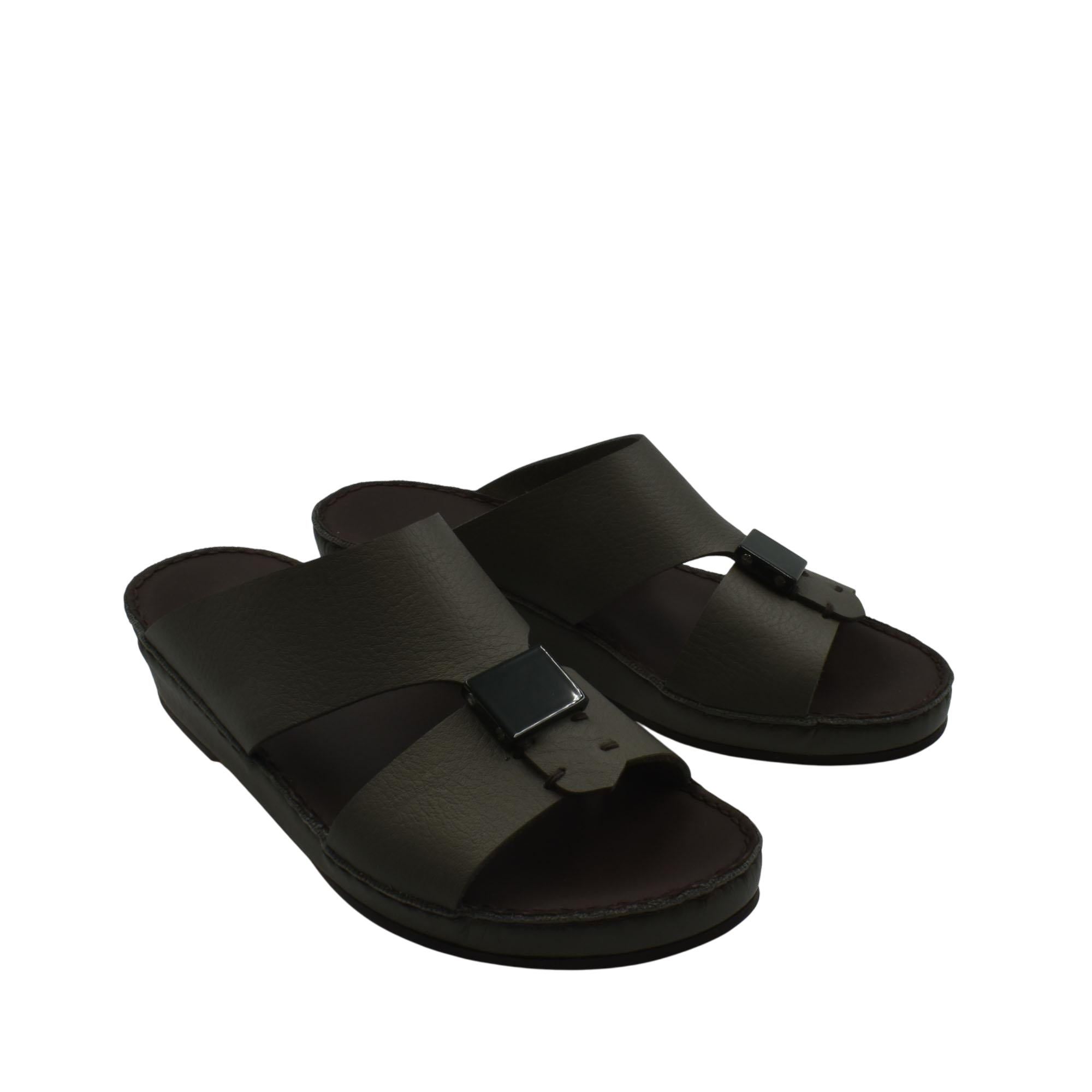 Pair of black luxury leather sandals with adjustable buckle straps and cushioned soles