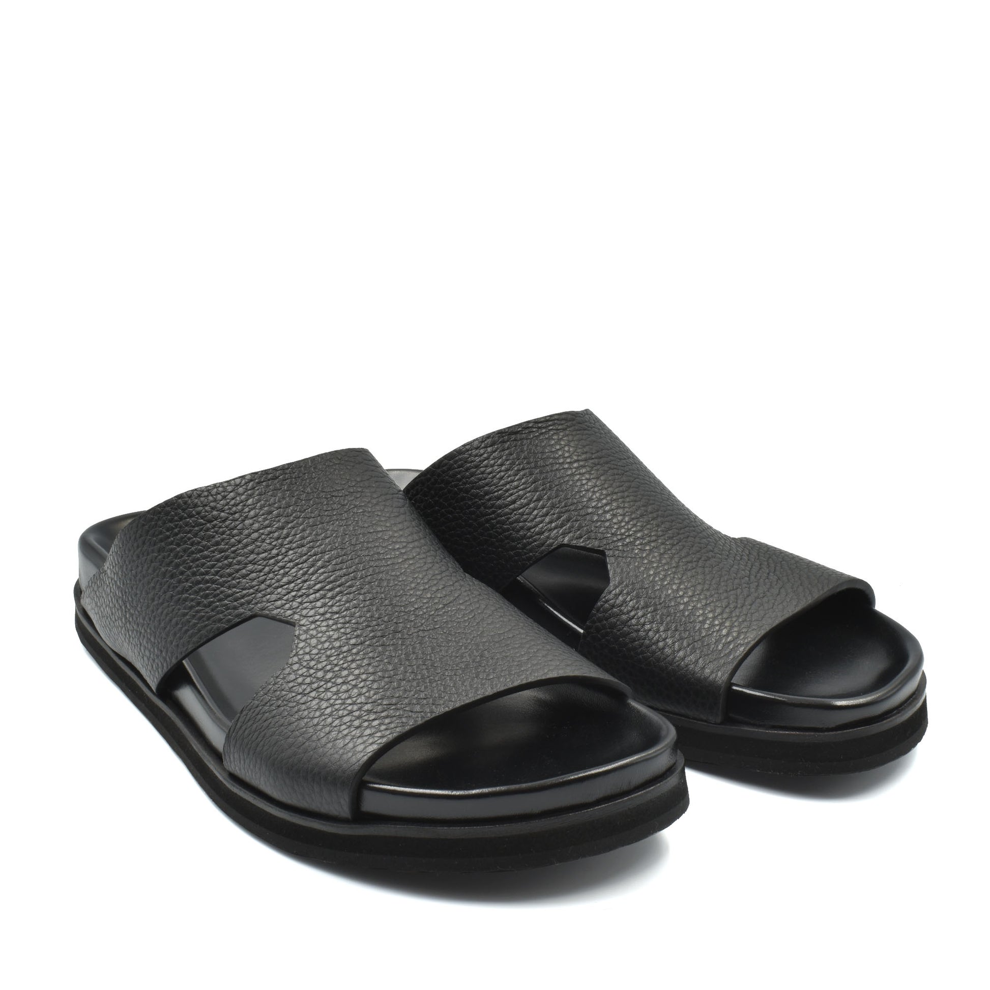 Black luxury leather sandals with open toe and textured upper from private collection