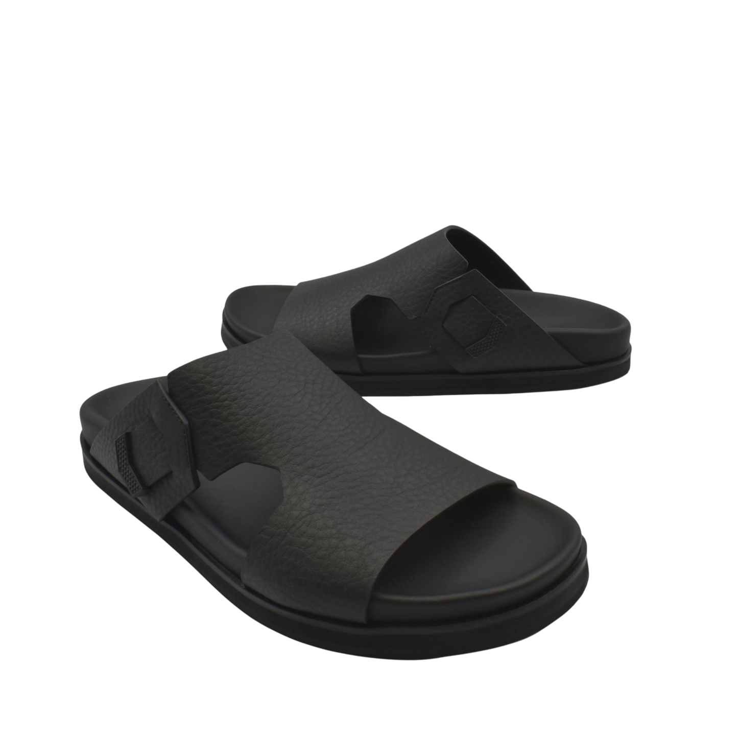 Pair of black luxury leather sandals with textured straps and cushioned soles