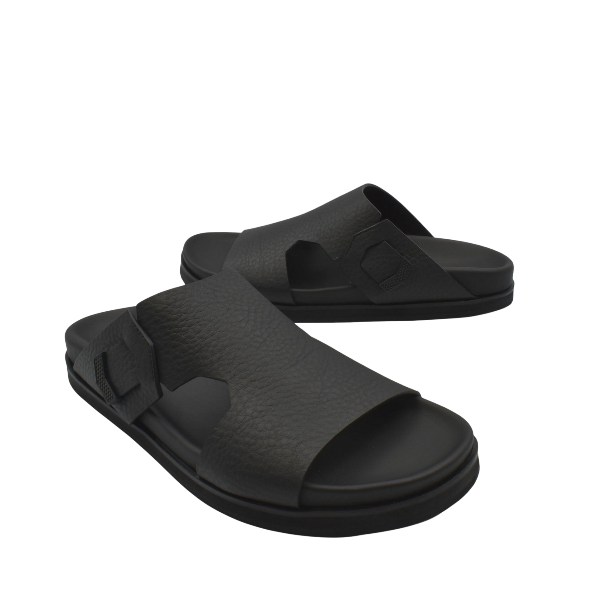 Pair of black luxury leather sandals with textured straps and cushioned soles