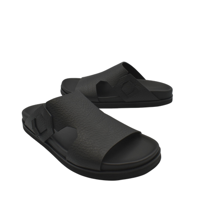 Pair of black luxury leather sandals with textured straps and cushioned soles